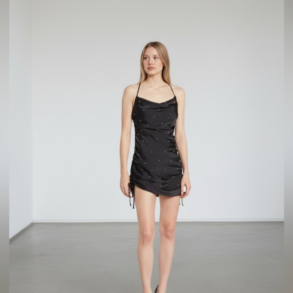 Astr Black Satin Mini Dress with Embellished Dots - Picture 1 of 4